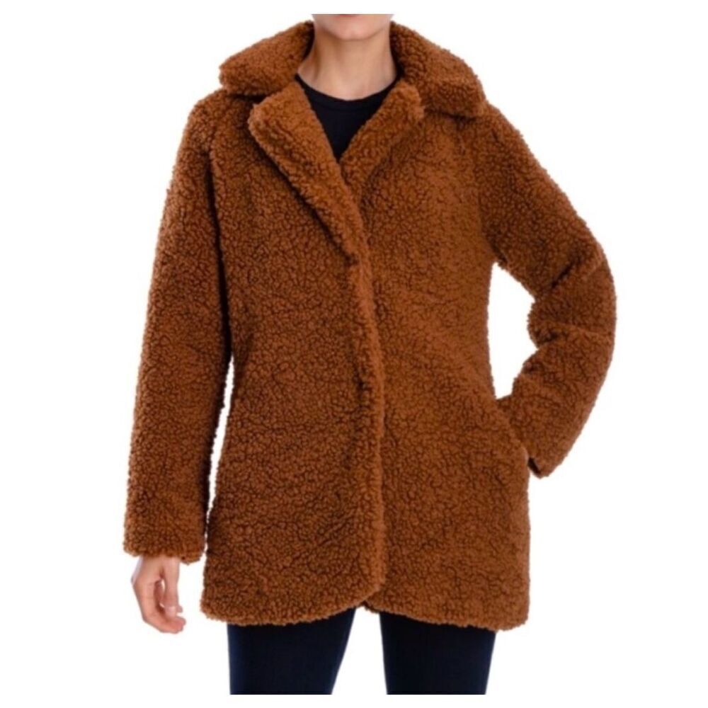 Lucky Brand Faur‎ Shearling Snap Button Teddy Coat Jacket XS Brown